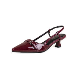 Sandales pointues en cuir verni pour femmes, chaussures d'été à talons mi-hauts, rétro, slim, talon arrière vide, nouvelle collection été 2024