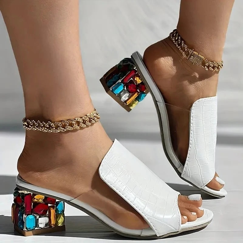 Femmes sandales en cristal 2024 nouveau printemps été sandales à bout ouvert talons carrés plage mode sandales femmes Sandalias De Mujer