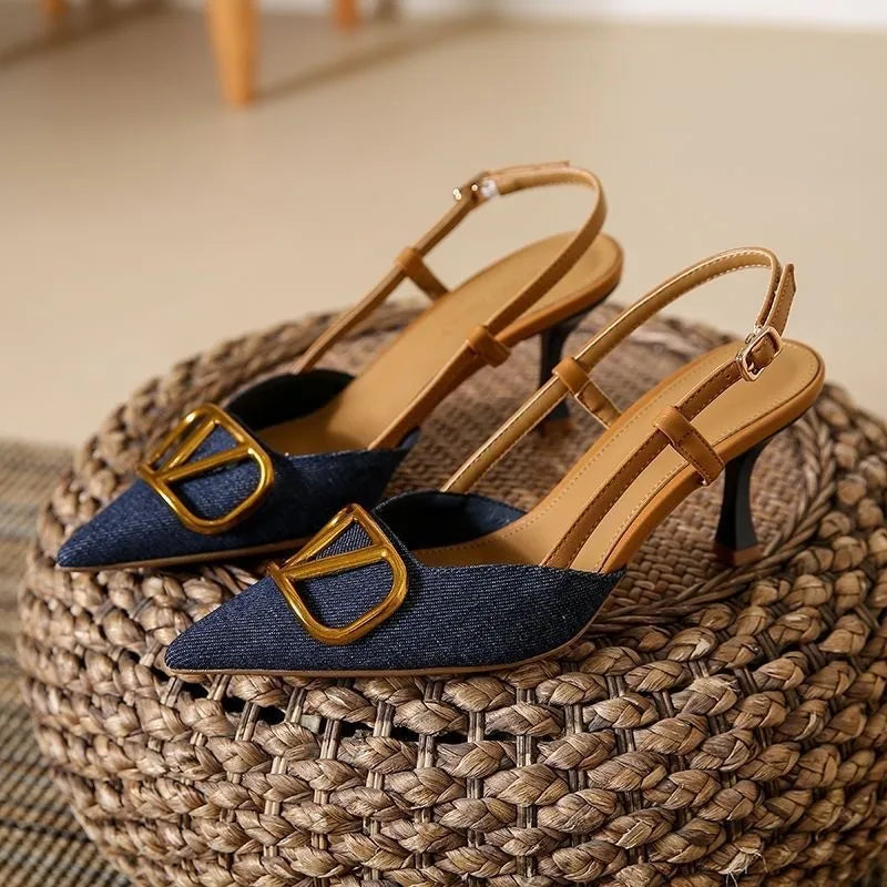 Rétro talons hauts 2025 nouveau français bouche légère tête pointue talon mince femmes Denim sandales à talons hauts sac d'été tête