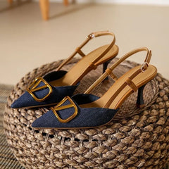 Rétro talons hauts 2025 nouveau français bouche légère tête pointue talon mince femmes Denim sandales à talons hauts sac d'été tête