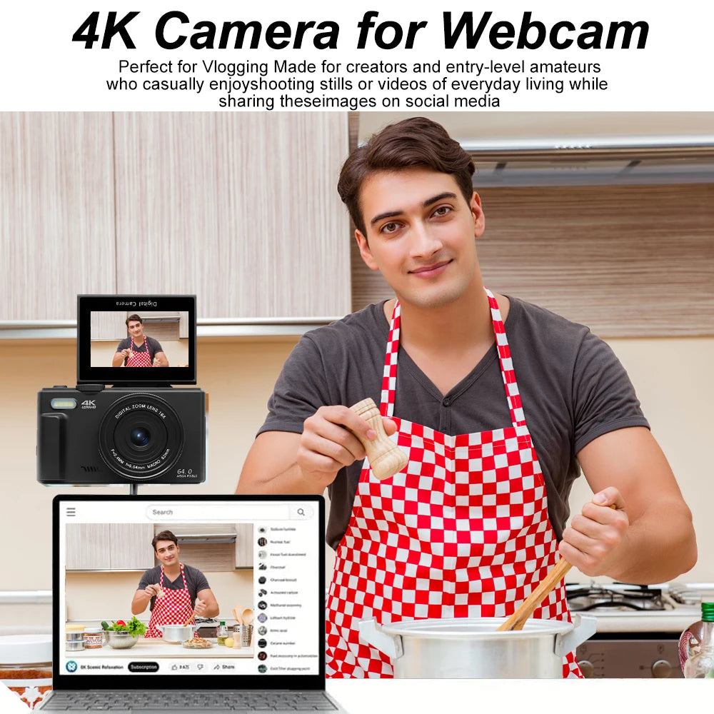 Appareil photo de photographie numérique compacte, Zoom numérique 4K 18X, enregistreur vidéo Vlog Vintage YouTube 180 °   Caméra Web WiFi Selfile à écran rabattable