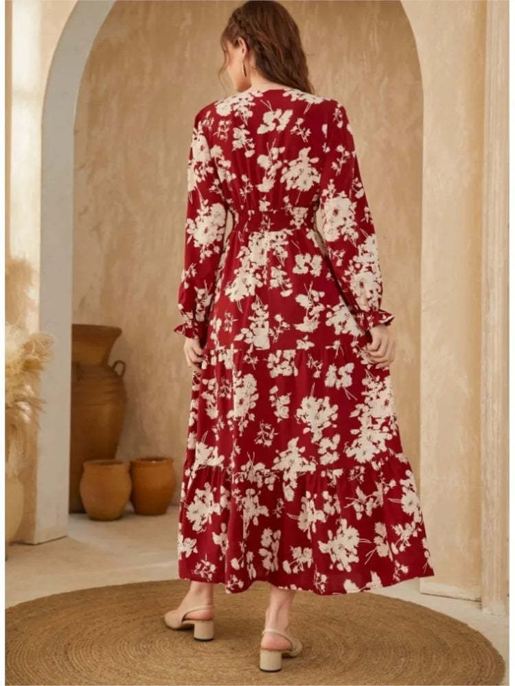 Autumn Women's New Sexy V-neck Fashionable Printed Cake Long Sleeves Medium To Long Length Casual Comfortable Dress For Women