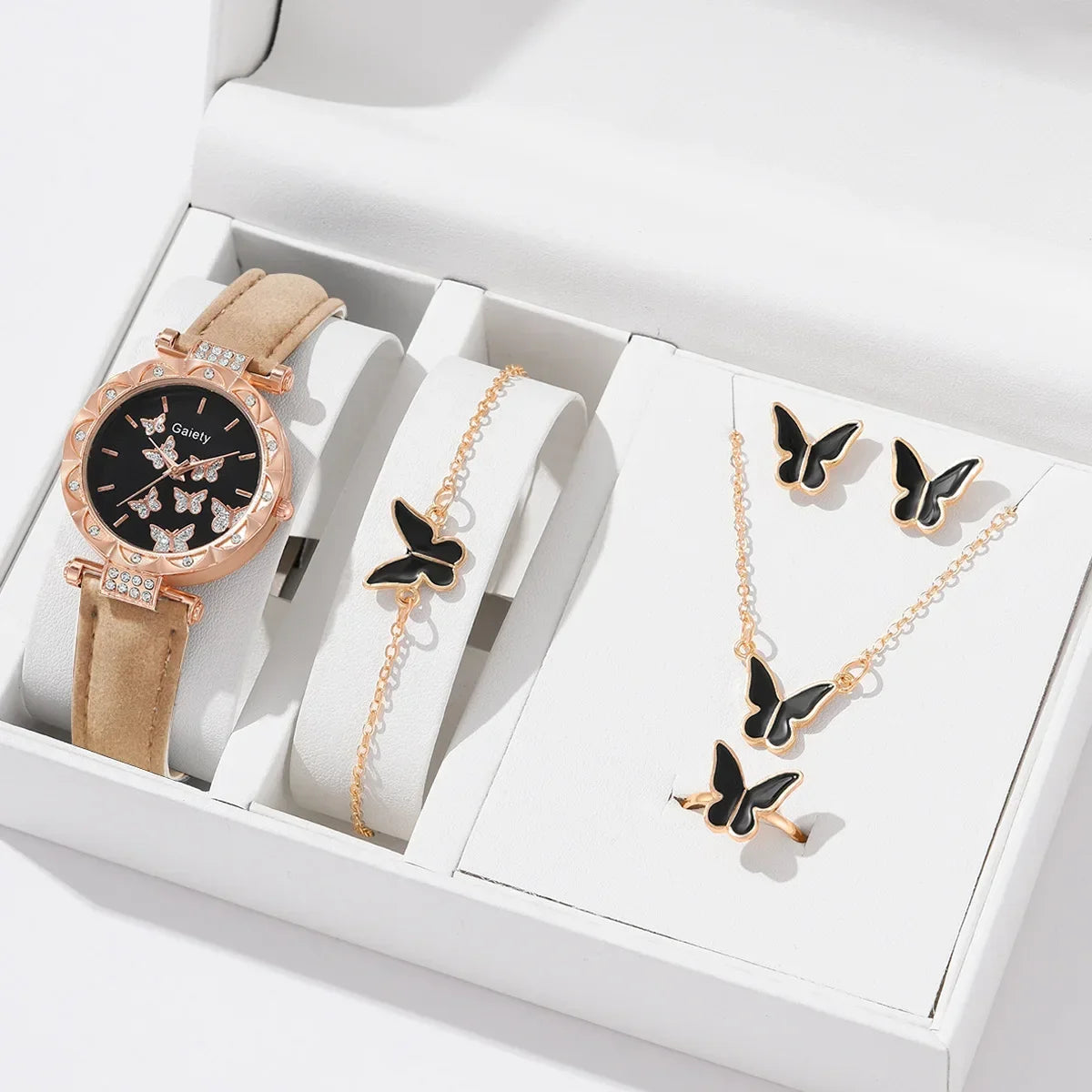 Set Femmes Montre Bague Collier Boucles d’oreilles Bracelet Ensemble Montres Papillon Bracelet En Cuir Dames Quartz Montre-bracelet (Pas de boîte)
