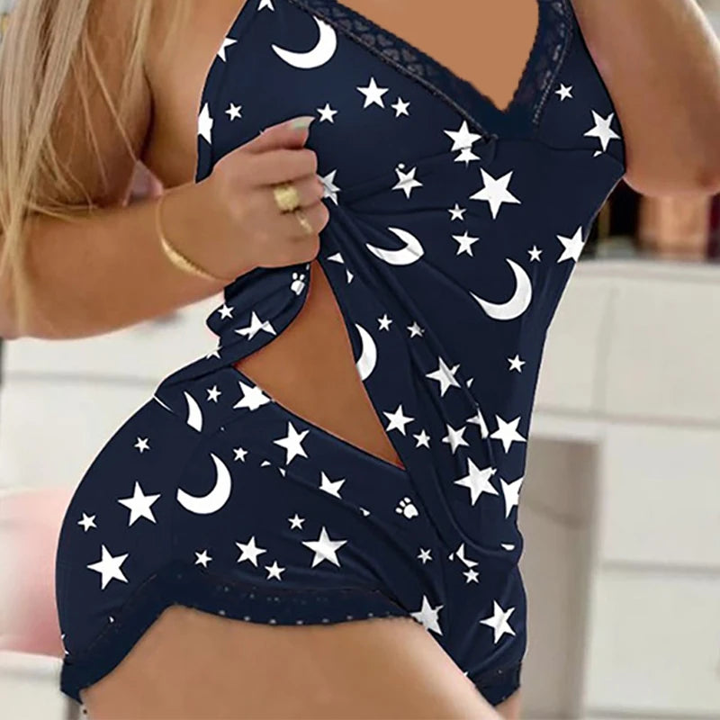 Ensemble pyjama deux pièces à bretelles assorties avec nœud de lingerie sexy