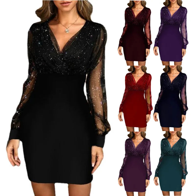 Mini robe moulante à manches longues et col en V en maille pour femmes, paillettes, commerce extérieur, sexy, noir, court, fête, club, vin, rouge, automne, 2024