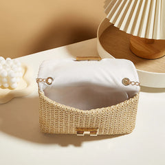 Sac à bandoulière en paille pour femmes, sac à bandoulière en chaîne tissé de grande capacité avec fermeture à boucle, pochette faite à la main