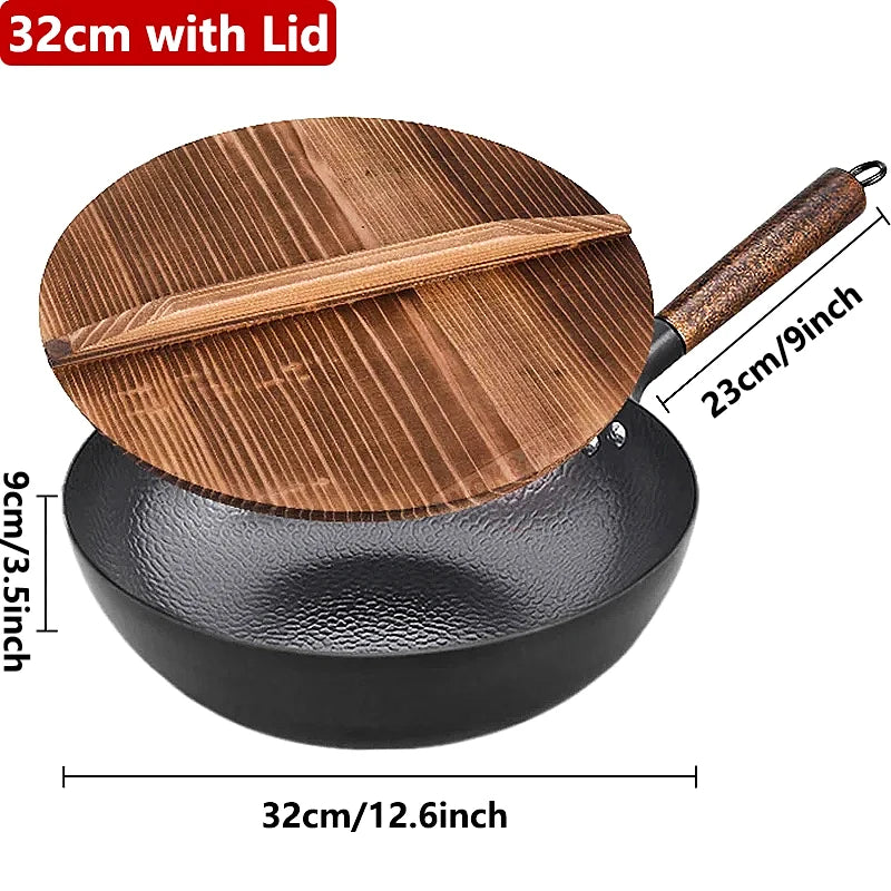 Poêle Wok en acier au carbone, 32cm, avec couvercle en bois, poêle chinoise à fond plat non revêtu, pour gaz électrique à Induction, toutes les cuisinières