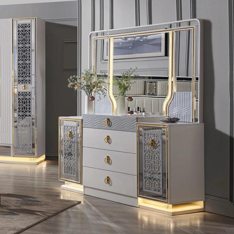 Commode de maquillage moderne en bois avec miroir à diode électroluminescente, ensemble de meubles de chambre à coucher, design de luxe