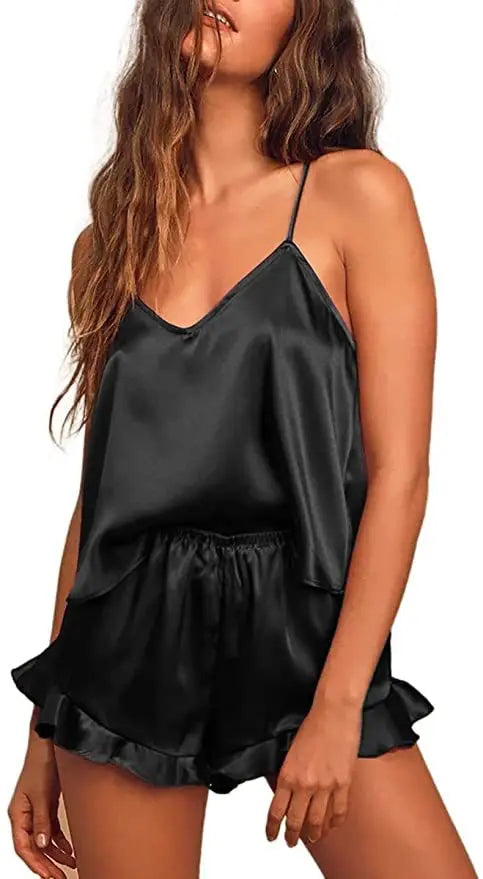 Ensemble pyjama sexy en satin de soie pour femme – Haut caraco à col en V et short à volants, lingerie de mariée, parfait pour les vêtements de nuit