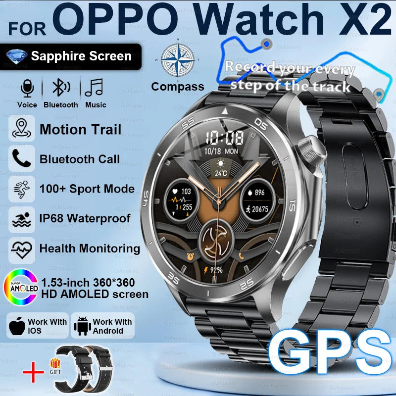 Pour OPPO X2 GPS montres intelligentes homme 360*360 AMOLED écran fréquence cardiaque Bluetooth appel IP68 étanche boussole sport Smartwatch 2025