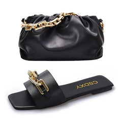 Sac à main et sac à main en cuir PU de haute qualité, ensembles de sandales à chaîne, chaussures plates et ensemble de sacs assortis pour femmes de luxe