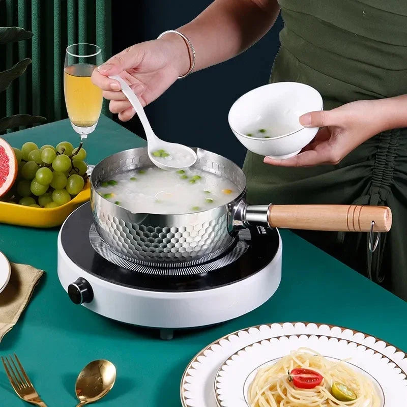 Casserole en acier inoxydable, manche en bois massif avec crochet, poêle à Sauce polyvalente avec becs verseurs, marmite à Sauce, marmite de cuisson