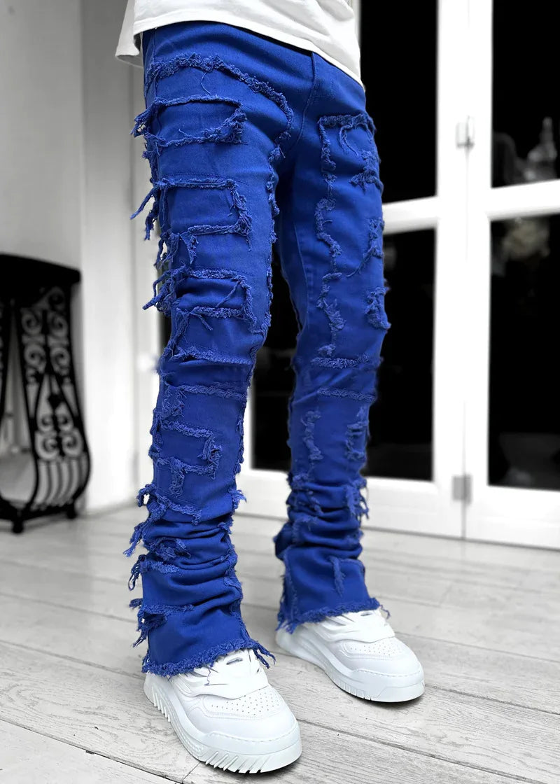 Jean empilé coupe régulière pour hommes déchiré coupe slim patch délavé Pantalon en denim droit détruit Hip Hop Pantalon streetwear tissu