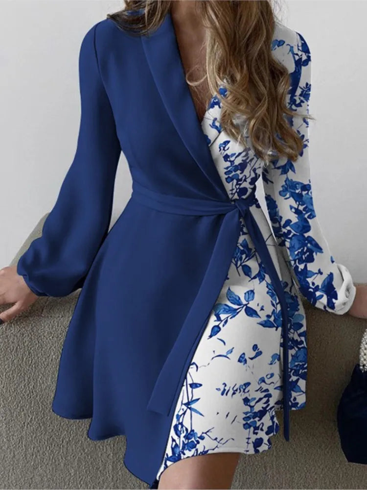 Robe de travail pour femmes, imprimé Floral, Colorblock, détail noué, manches longues, col en V, robes élégantes, automne 2023