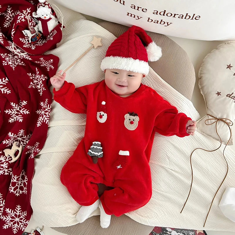 Barboteuse de noël pour bébés garçons et filles, combinaison épaisse de dessin animé père noël cerf, vêtements d'automne et d'hiver pour nouveau-nés