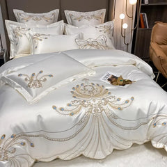 4/6 pièces blanc gris satin or broderie luxe Satin coton ensemble de literie Double reine roi housse de couette drap de lit taies d'oreiller