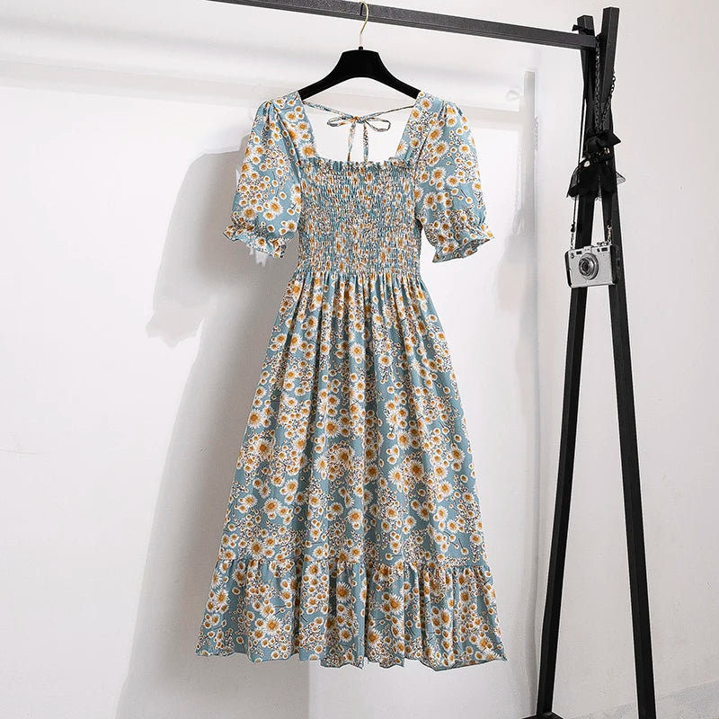 Printemps été robes en mousseline de soie mode femme taille élastique à manches courtes plissée tenue décontractée femmes robes a-ligne robes