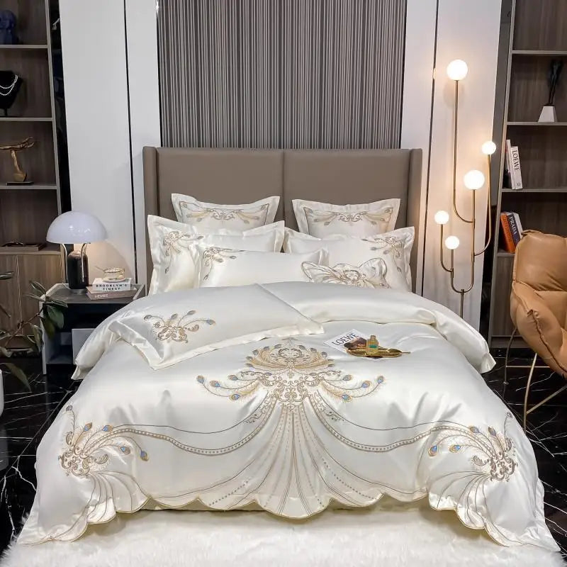 4/6 pièces blanc gris satin or broderie luxe Satin coton ensemble de literie Double reine roi housse de couette drap de lit taies d'oreiller