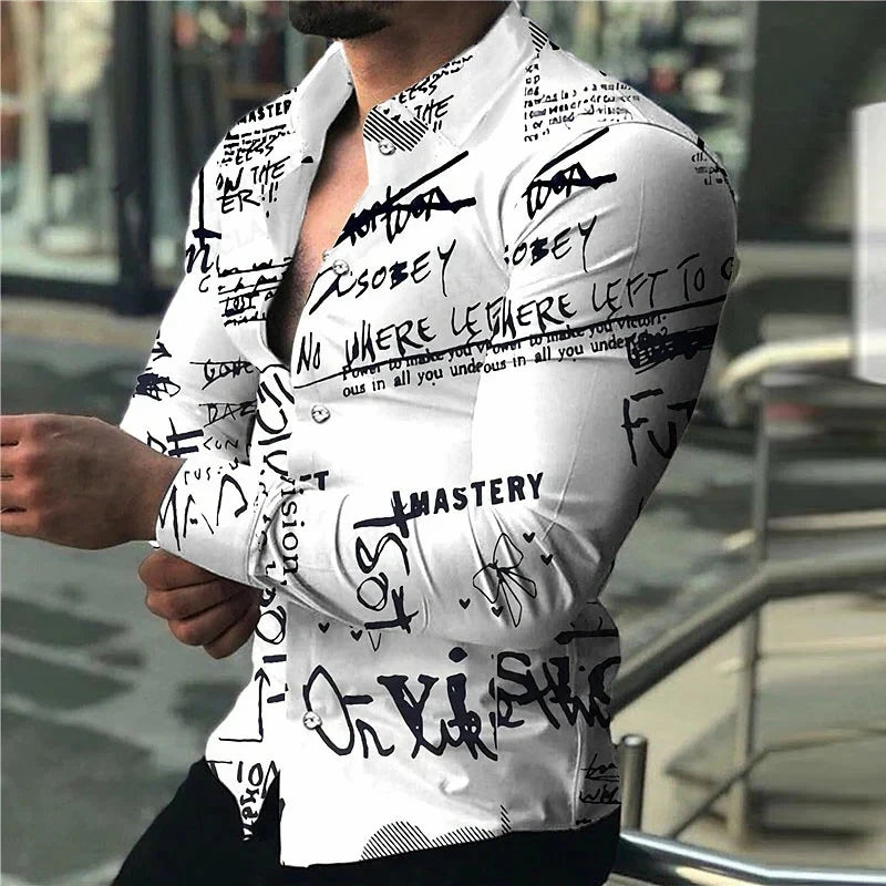Long Sleeve Hawaiian Shirts Men Fashion Letter Shirt Black White Lepal Blouses Beach Blouse Single Breasted Camisa Vocation