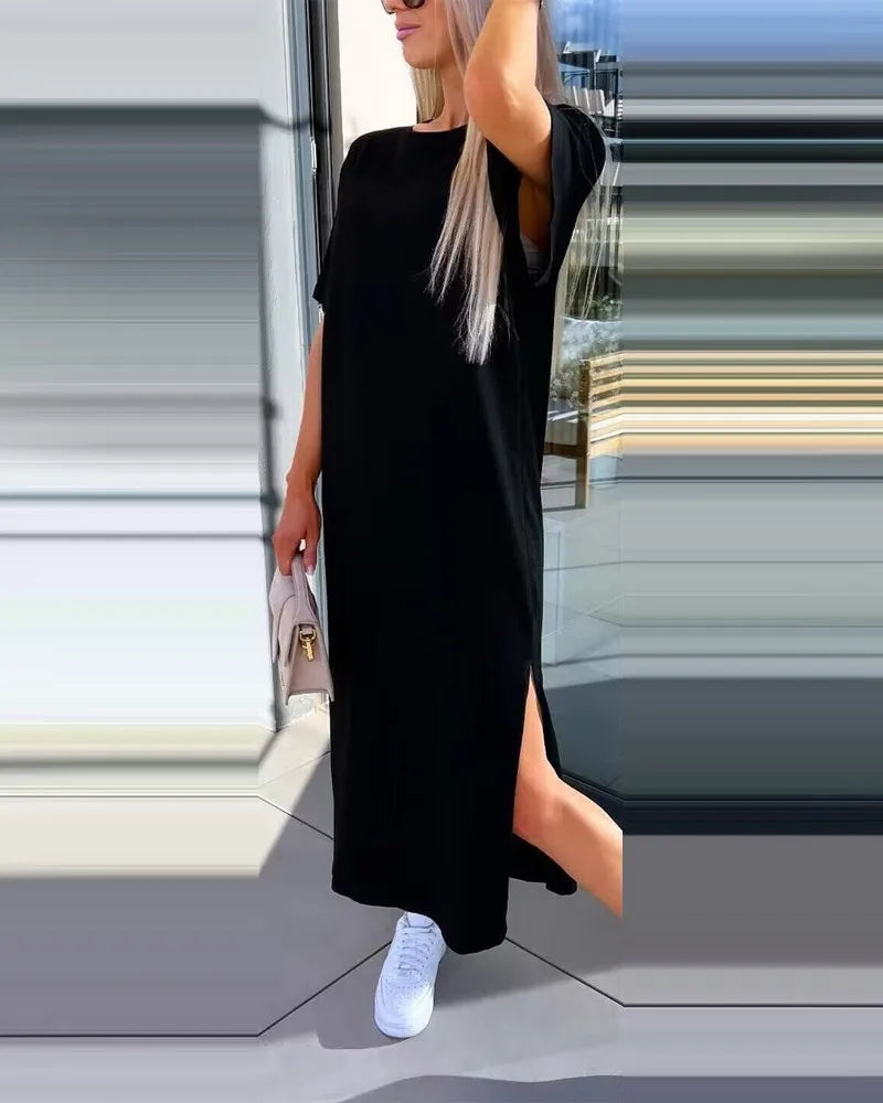 Robe longue Simple à col rond et manches courtes pour femmes, couleur unie, décontractée, ample, fendue, nouvelle collection été 2024