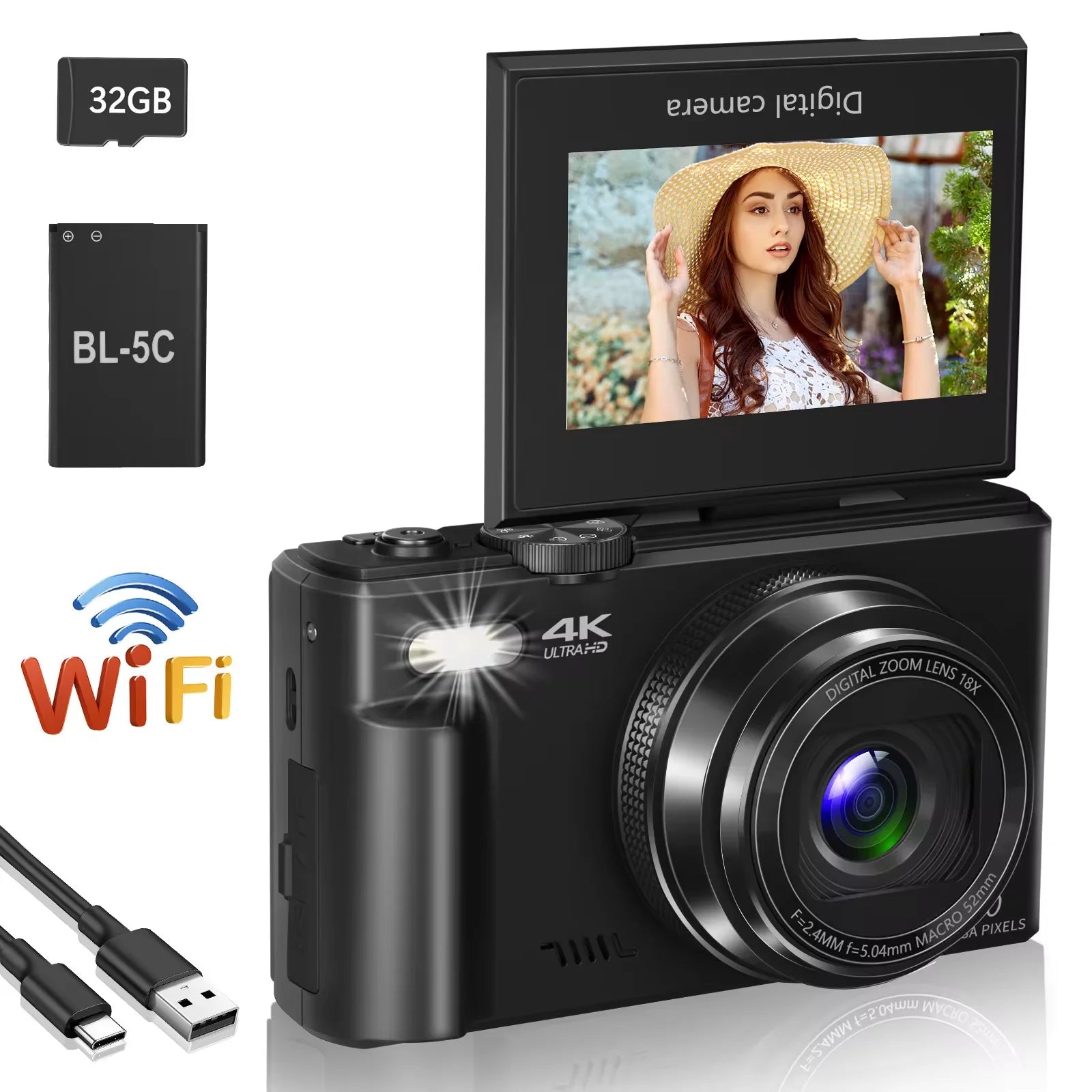 Appareil photo numérique compact 4K, zoom numérique 18x, enregistreur vidéo vlog vintage pour YouTube, 180 °   écran rabattable, webcam WiFi