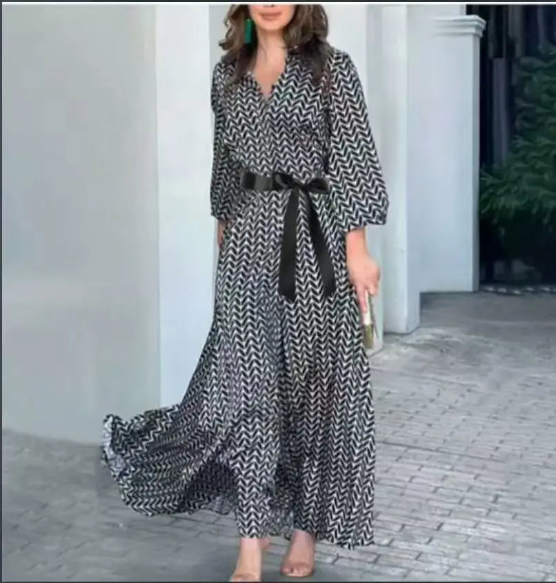 Robe Élégante Noire et Blanche pour Femme, Imprimé Vintage, Col en V, à la Mode, Loisirs, Rassemblement, Slim, Longue, Nouvelle Collection Printemps Automne 2024