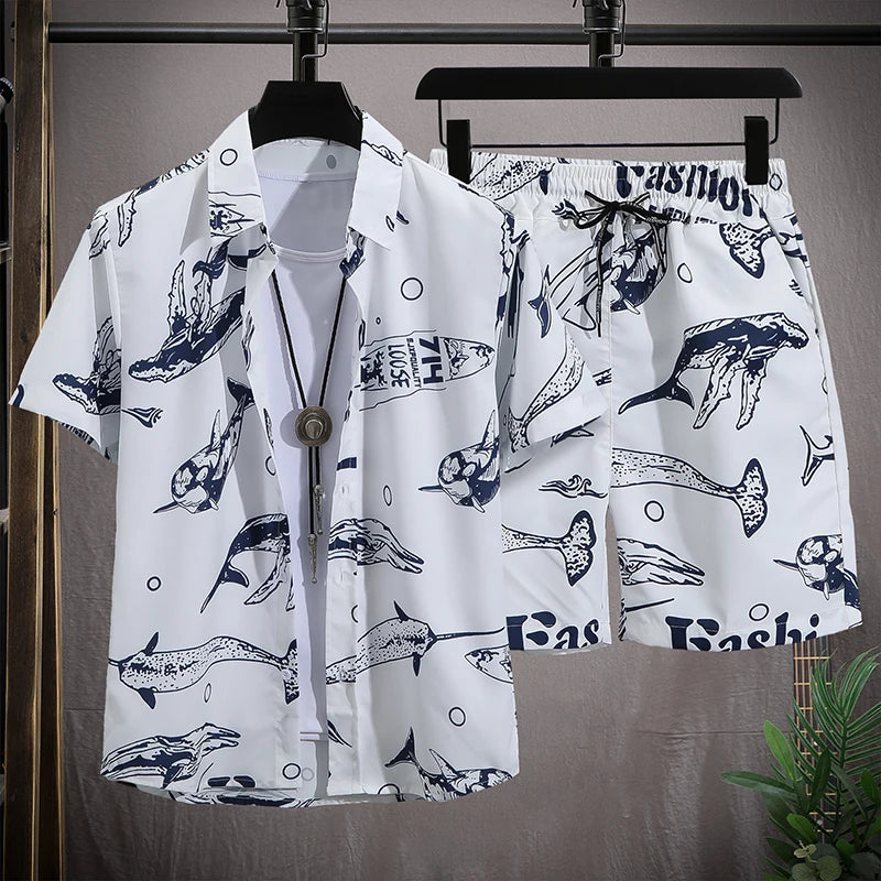 Ensemble de plage hawaïenne pour hommes Chemise à manches courtes à simple boutonnage et shorts Tenue de voyage décontractée pour vacances d’été