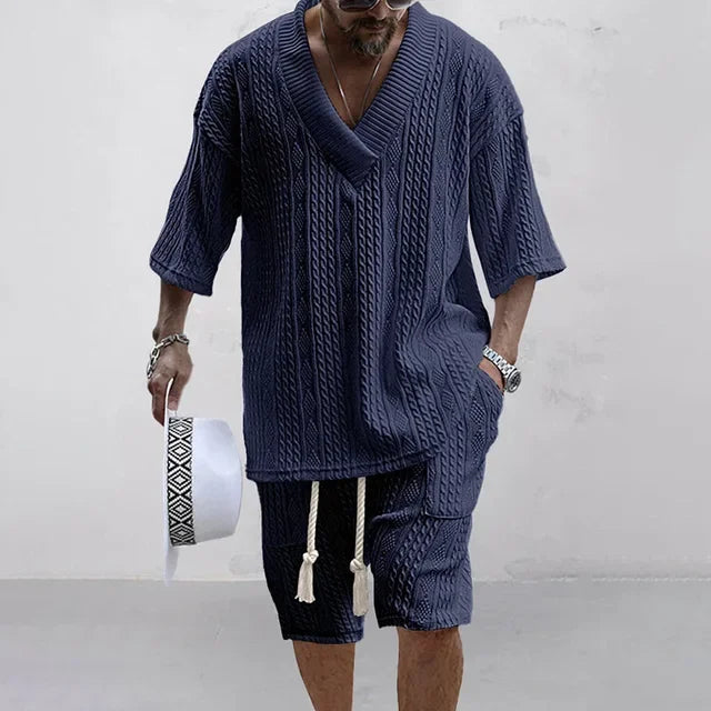 Ensemble deux pièces tricoté pour hommes, T-shirt et Short décontractés, col en v, manches courtes, Streetwear, tenues en tricot, été 2024