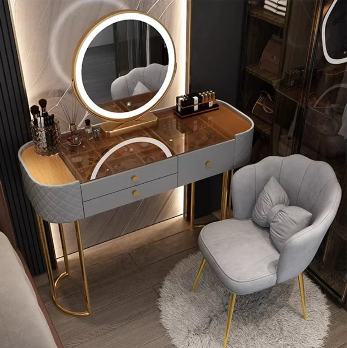 Miroir de maquillage de luxe avec lumière LED, meuble de rangement pour chambre à coucher, salon