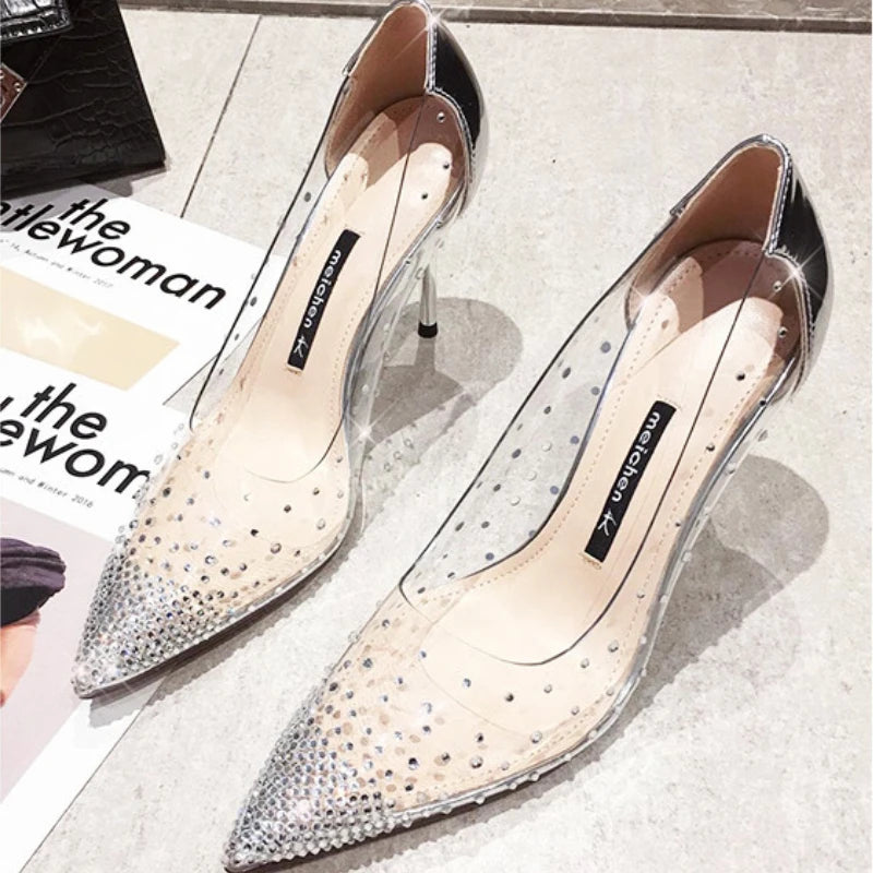 Chaussures de Mariage à Talons Hauts et Fins pour Femme Escarpins de Luxe en Strass, Bout Jolie tu, Transparent