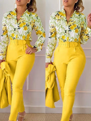 Ensemble chemise et pantalon à manches longues pour femmes, col montant, imprimé floral, chemise décontractée élégante, FJSuits avec ceinture, automne, hiver, 2 pièces