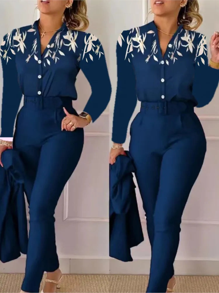Elegant Women Shirt Two Piece Set Suits Fall New Fashion Print Long Sleeve Top Black Pants Set With Belt Blouses Female Clothing