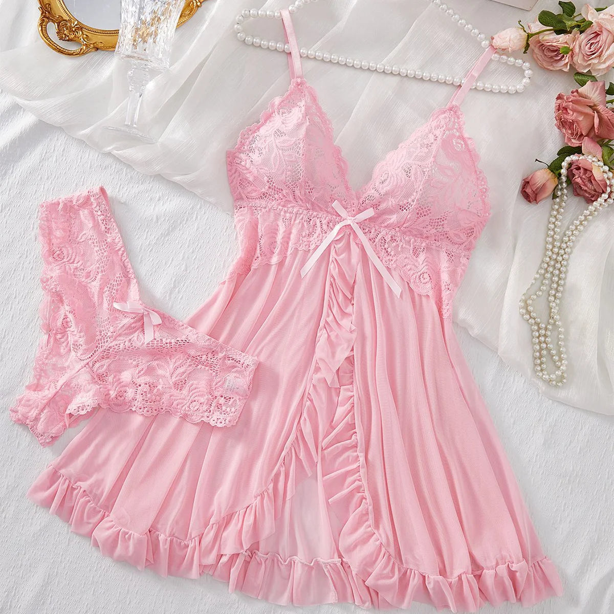 Ensemble de Lingerie Sexy pour femmes, soutien-gorge érotique, chemise de nuit, vêtements de nuit en dentelle, couleur unie, Slim, robes douces, col en V, Slip complet, vêtements de nuit et robes