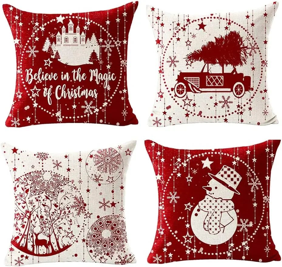 Taie d'oreiller en lin joyeux Noël, flocon de neige, boule, voiture rouge avec arbre, cerf, joyeux hiver, coussin de canapé, salon