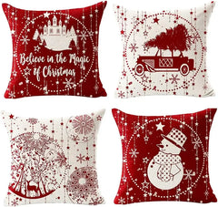 Taie d'oreiller en lin joyeux Noël, flocon de neige, boule, voiture rouge avec arbre, cerf, joyeux hiver, coussin de canapé, salon