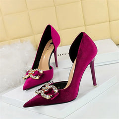 Mode femmes talon haut strass boucle arc vert rose bout pointu pompes de fête velours luxe élégant mariage chaussures de soirée